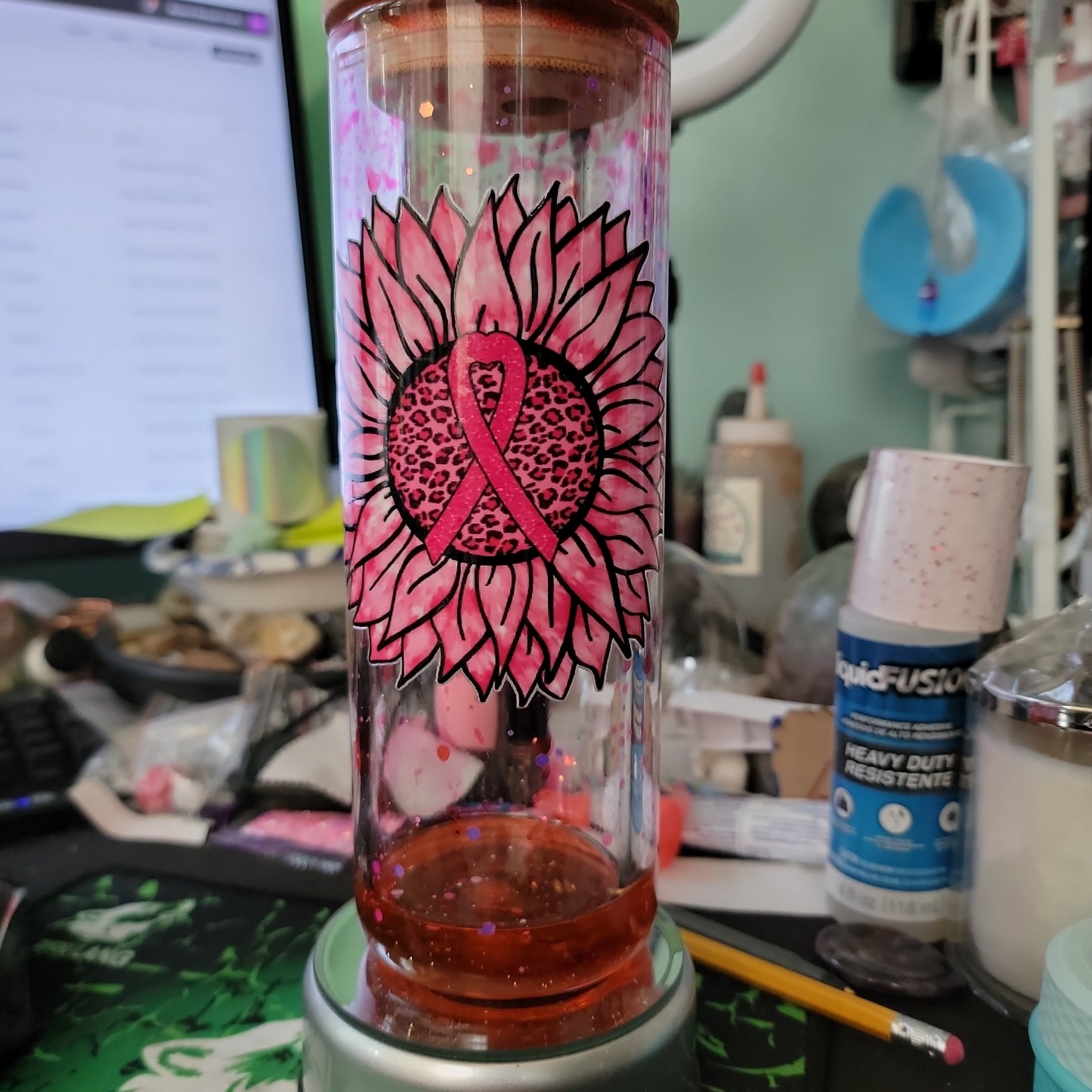 # 20 oz Glass Snowglobe Tumbler Breat Cancer